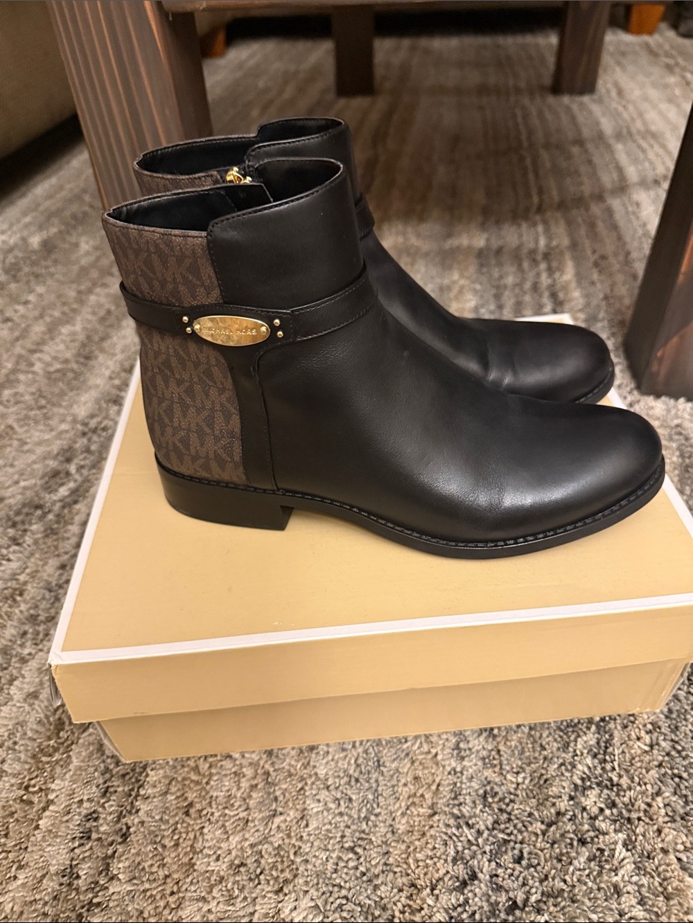 Michael Kors Black Leather Ankle Boots with Brown Logo Heel Panel